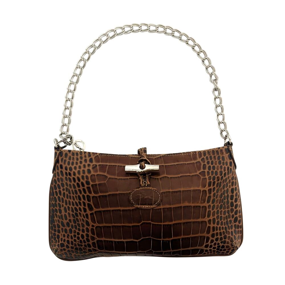 Longchamp Roseau Croc Embossed Leather Shoulder Baguette Bag Brown Vintage Y2K